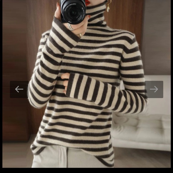 panrila Sweaters - Neutral and Coffee Horizontal Striped Turtleneck Sweater